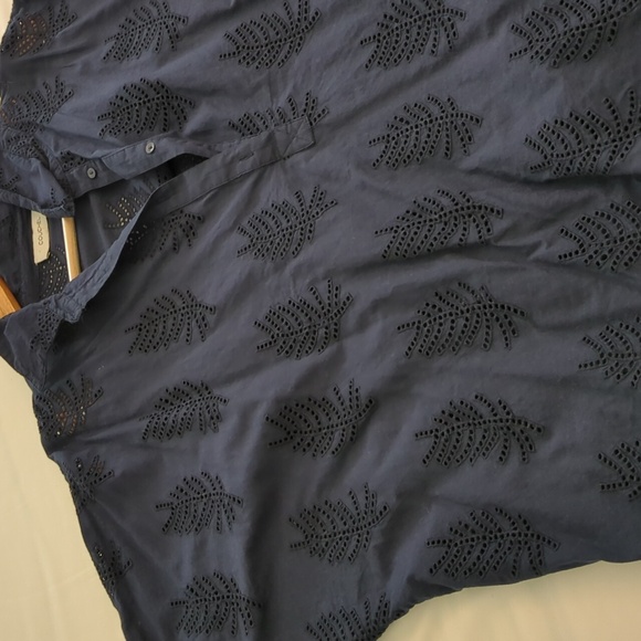 Couchel Navy Blue Leaf Eyelet Oversized Boho Relaxed Fit Dropped Shoulder Top - Picture 7 of 7